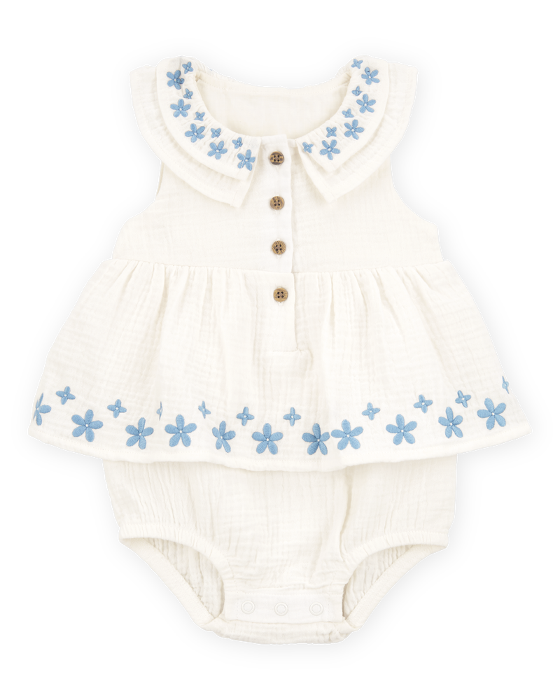 Baby Girl Floral Embroidered Bodysuit Dress - Ivory, image 1 of 3 slides