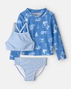 Toddler Girl 3-Piece Sailboat Long-Sleeve Rashguard Swimsuit Set - Blue, image 1 of 5 slides