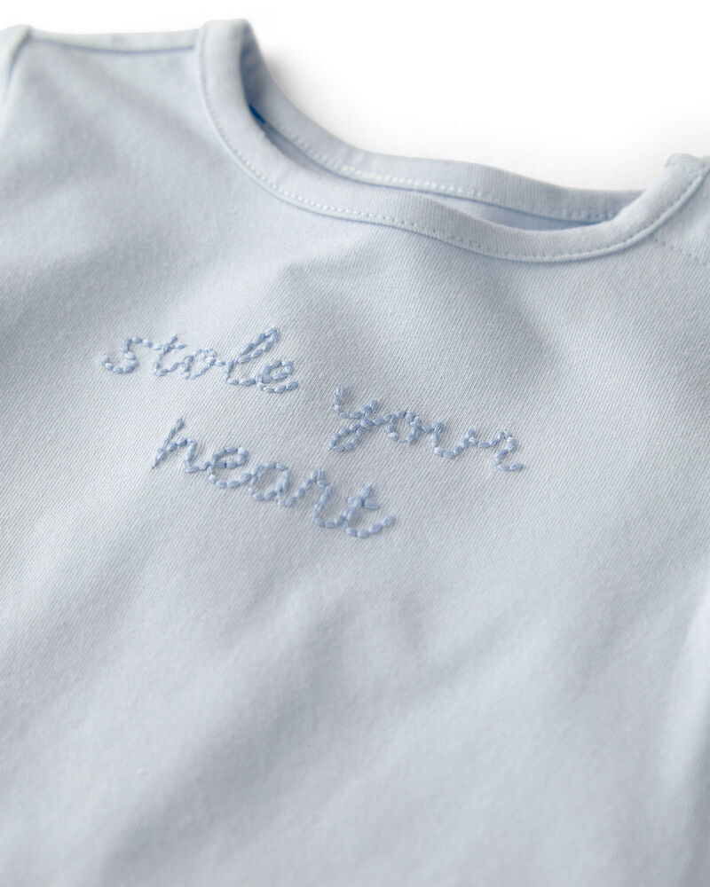 Baby 'Stole Your Heart' Organic Cotton Embroidered Bodysuit in Slate Blue, image 2 of 4 slides