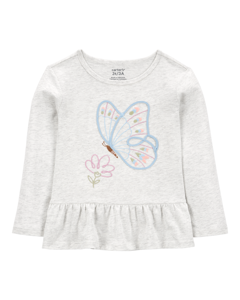 Toddler Butterfly Jersey Long-Sleeve Peplum Top - Grey, image 1 of 3 slides