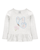Toddler Butterfly Jersey Long-Sleeve Peplum Top - Grey, image 1 of 3 slides