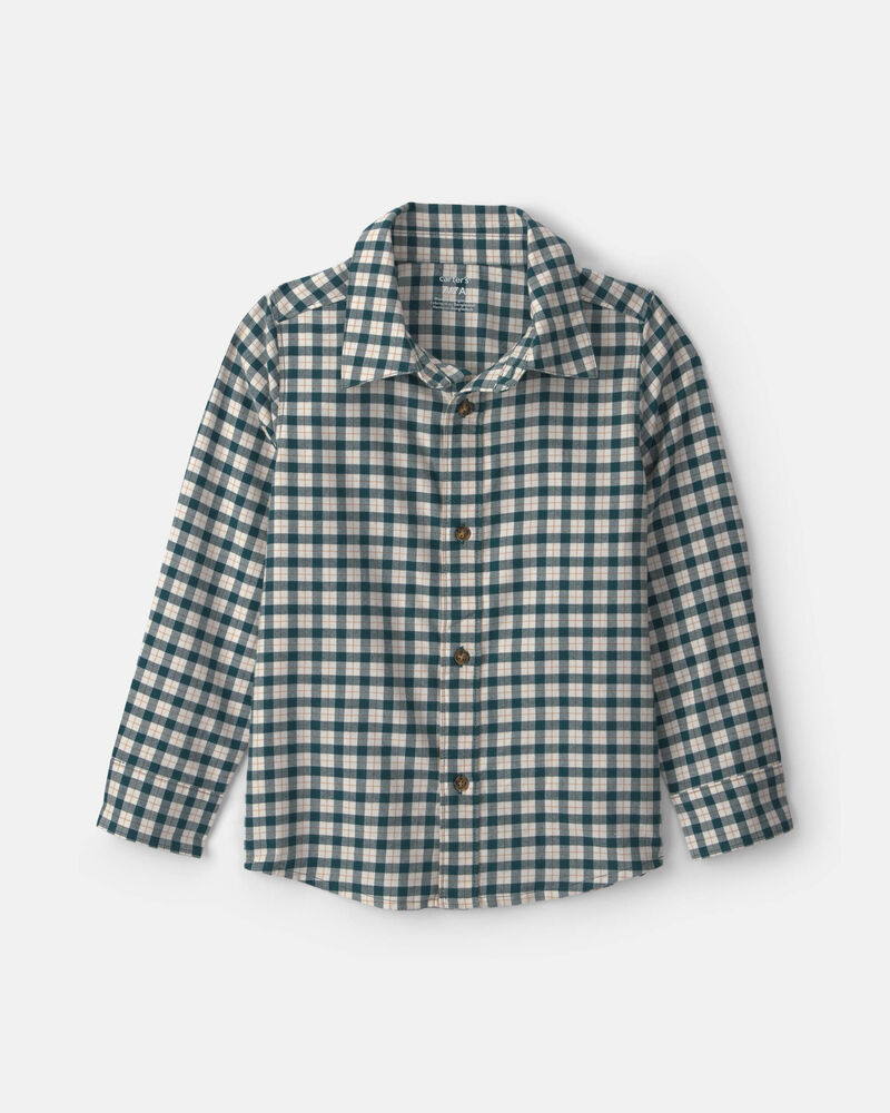Boys Plaid Long-Sleeve Button-Down Shirt - Green/White, image 1 of 4 slides