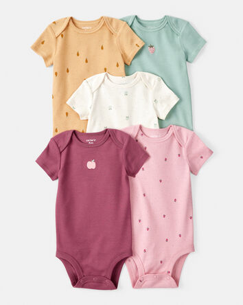 Baby Girl 5-Pack Fruit Print Cotton Multipack Bodysuits - Brown/Green/Pink/Red/White, 