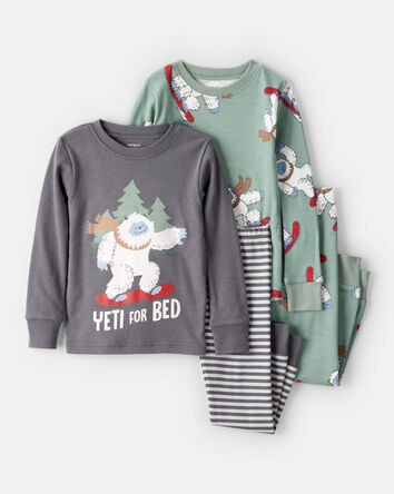 Tout-petit garçon - Pyjamas Yeti en coton 100 % à manches longues, coupe ajustée, 4 pièces - Gris/Vert, 