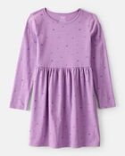 Girls Heart Print Long Sleeve Cotton Dress - Purple, image 1 of 4 slides