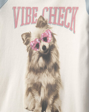 Girls 'Vibe Check' Dog Graphic Tee - Cream/Blue, 
