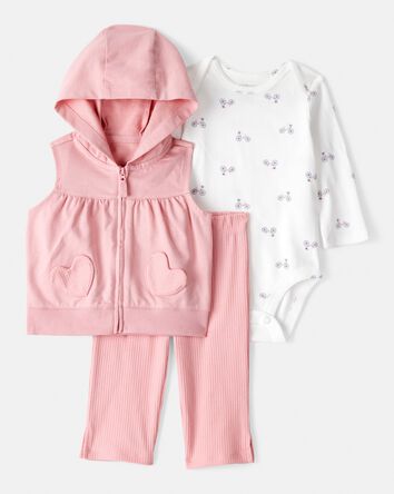 Baby Girl 3-Piece Heart Vest Outfit Set - Pink, 