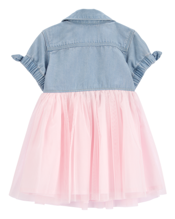 Baby Denim Shirt Dress With Tulle Skirt, 