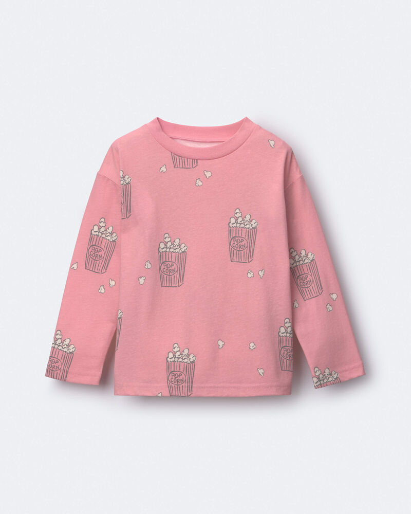 Toddler Girl Long-Sleeve Relaxed Graphic Tee in Popcorn Print - Light Pink, image 1 of 2 slides