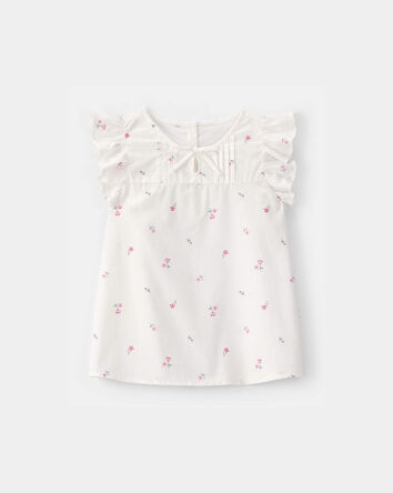 Girls Flutter-Sleeve Floral Top - White, 