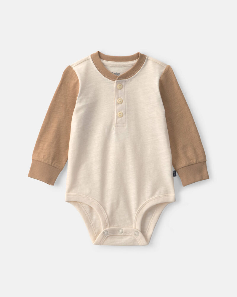 Baby Boy Colourblock Long-Sleeve Henley Bodysuit - Ivory/Brown, image 1 of 3 slides