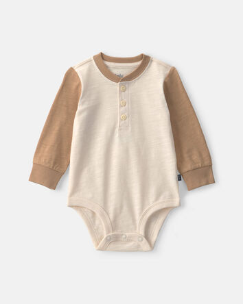 Baby Boy Colourblock Long-Sleeve Henley Bodysuit - Ivory/Brown, 