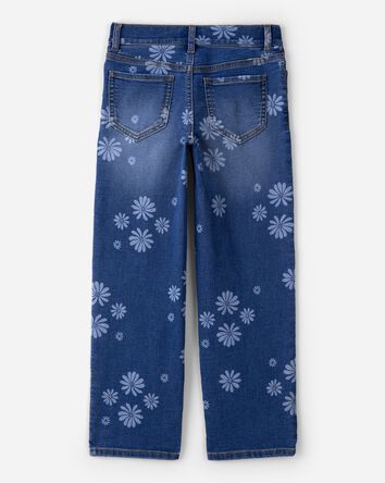 Girls Dark Wash Floral Print Denim Straight-Leg Jeans - Blue, 