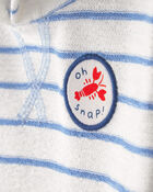 Baby Boy 'Oh Snap!' Lobster Stripe Short-Sleeve Hooded Romper - Blue/White, image 2 of 4 slides