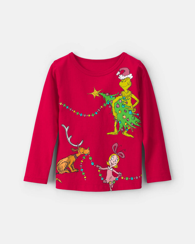 Toute-petite fille &ndash; T-shirt manches longues de No&euml;l Le Grincheux de Dr. Seuss &ndash; Rouge, image 1 sur 2 diapositives