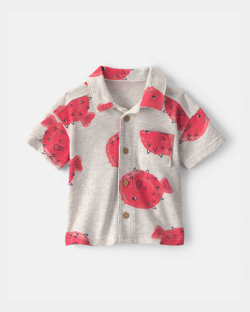 B&eacute;b&eacute; gar&ccedil;on - Chemise boutonn&eacute;e &agrave; manches courtes &agrave; motif de poissons-globes - Gris/Rouge, image 1 sur 2 diapositives