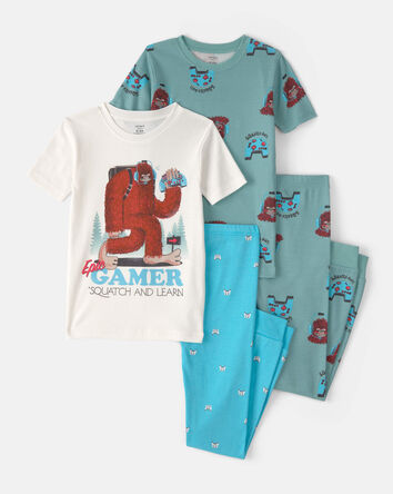 Boys Bigfoot Gamer 100% Cotton Snug Fit 4-Piece Pyjama Set - Blue/Ivory, 