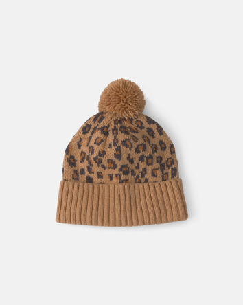 Girls Pom Leopard Beanie - Brown, 