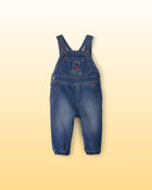 Baby Disney&copy; Winnie the Pooh Embroidered Knit-Like Denim Overalls - Dark Wash, image 1 of 7 slides