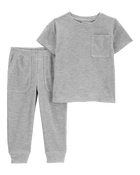 Tout-petit garçon - Pyjama 2 pièces décontracté en tricot gaufré de couleur unie - Gris, image 1 sur 3 diapositives