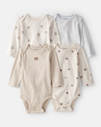 Baby 4-Pack Snack Time Long-Sleeve Multipack Bodysuits - Blue/White/Brown, 
