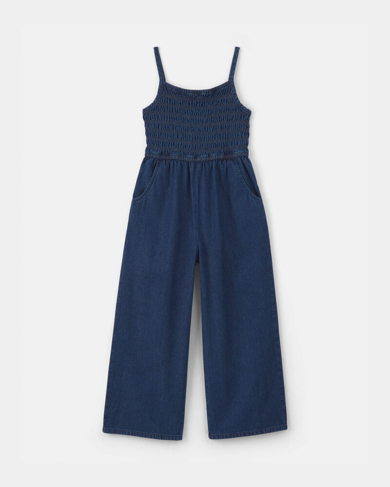 Girls Smocked Denim Wide-Leg Jumpsuit - Dark Wash, image 1 of 3 slides
