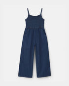 Girls Smocked Denim Wide-Leg Jumpsuit - Dark Wash, image 1 of 3 slides