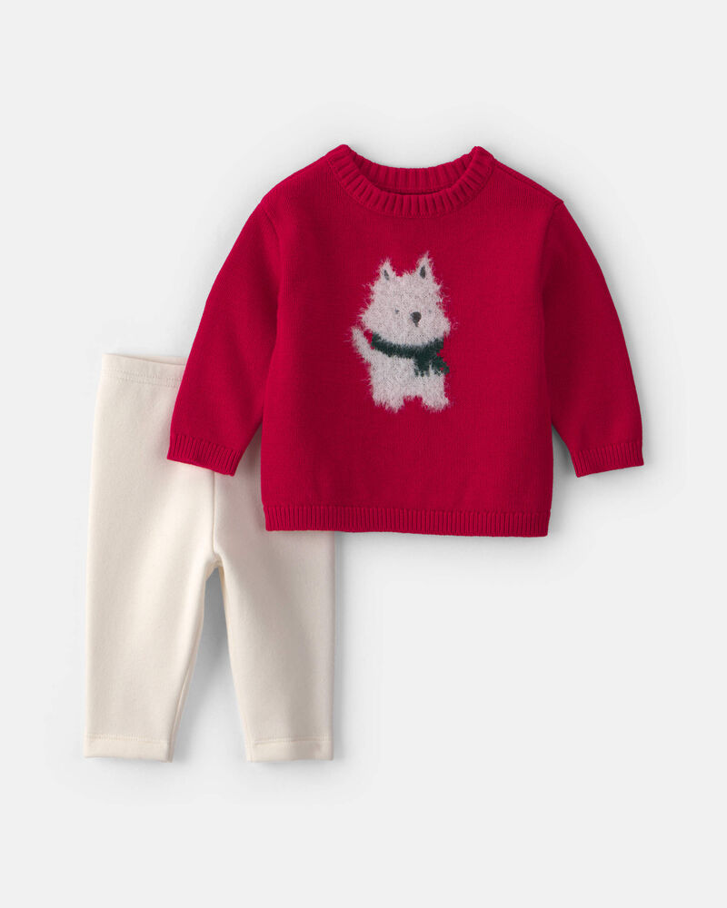 B&eacute;b&eacute; fille - Ensemble 2 pi&egrave;ces chandail &agrave; motif chien et pantalon &ndash; Rouge/Cr&egrave;me, image 1 sur 5 diapositives