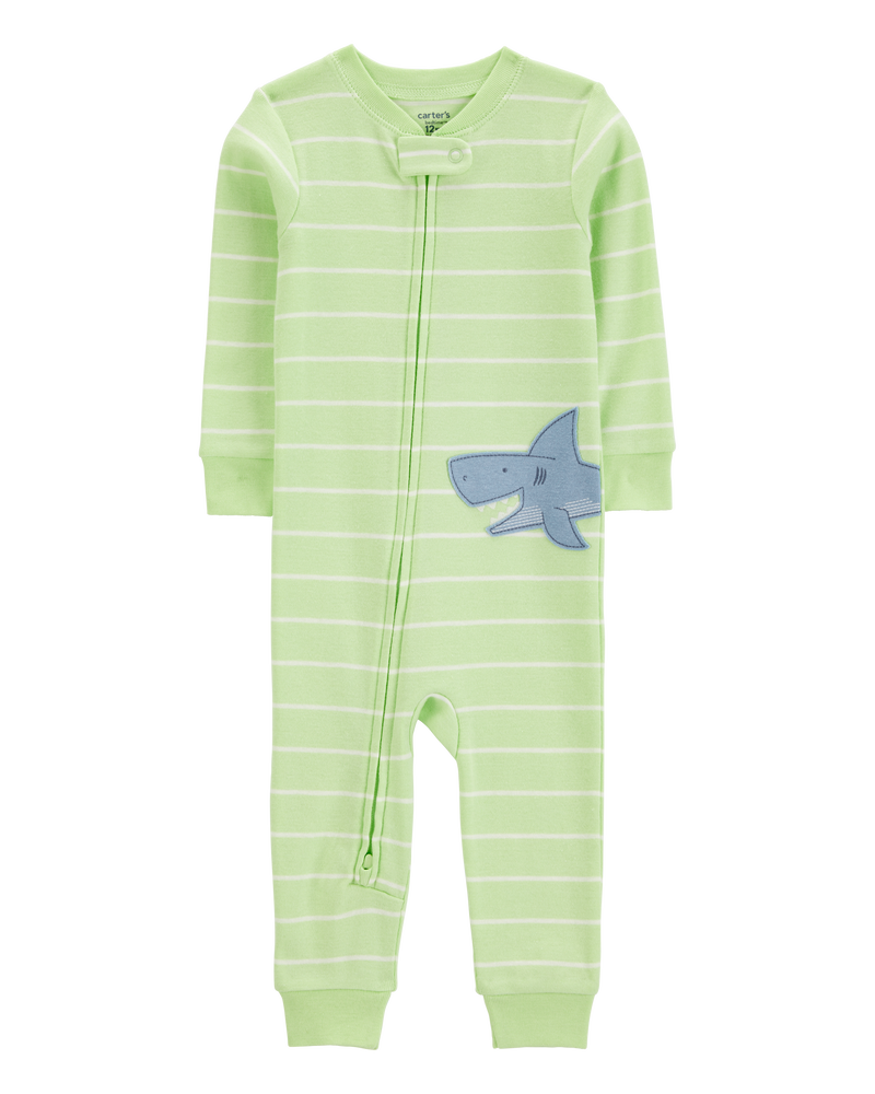 Toddler Shark Striped Snug Fit Cotton Footless 1-Piece Pyjamas - Green, image 1 of 4 slides