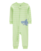 Toddler Shark Striped Snug Fit Cotton Footless 1-Piece Pyjamas - Green, image 1 of 4 slides