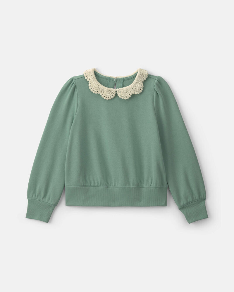 Girls Floral Collar French Terry Pullover Sweatshirt - Green, image 1 of 4 slides
