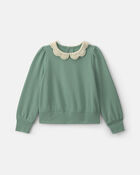 Girls Floral Collar French Terry Pullover Sweatshirt - Green, image 1 of 4 slides