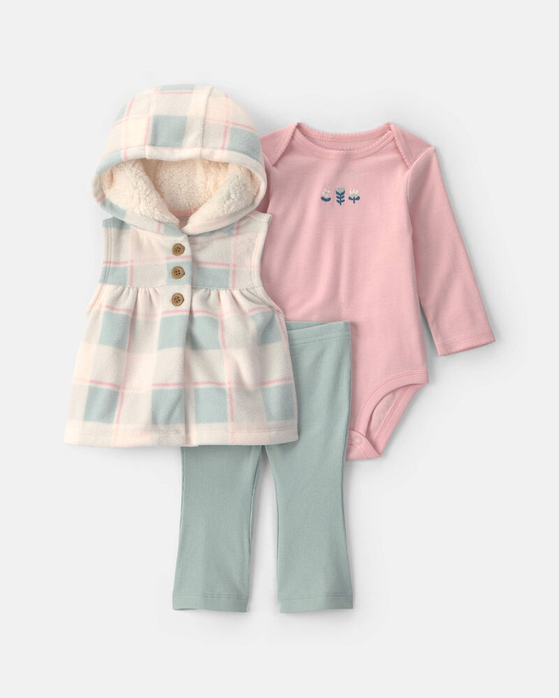 Baby Girl 3-Piece Buffalo Check Fleece Hooded Layering Set - Pink/Green/Cream, image 1 of 6 slides