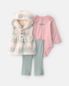 Baby Girl 3-Piece Buffalo Check Fleece Hooded Layering Set - Pink/Green/Cream, image 1 of 6 slides