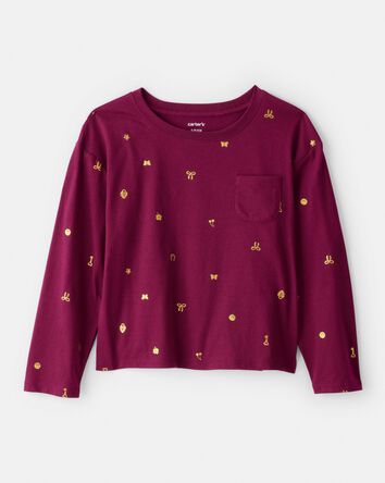 Girls Icon Print Pocket Tee - Maroon, 