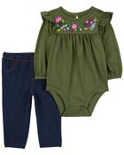 Baby Girl 2-Piece Embroidered Bodysuit Pant Set, image 1 of 4 slides