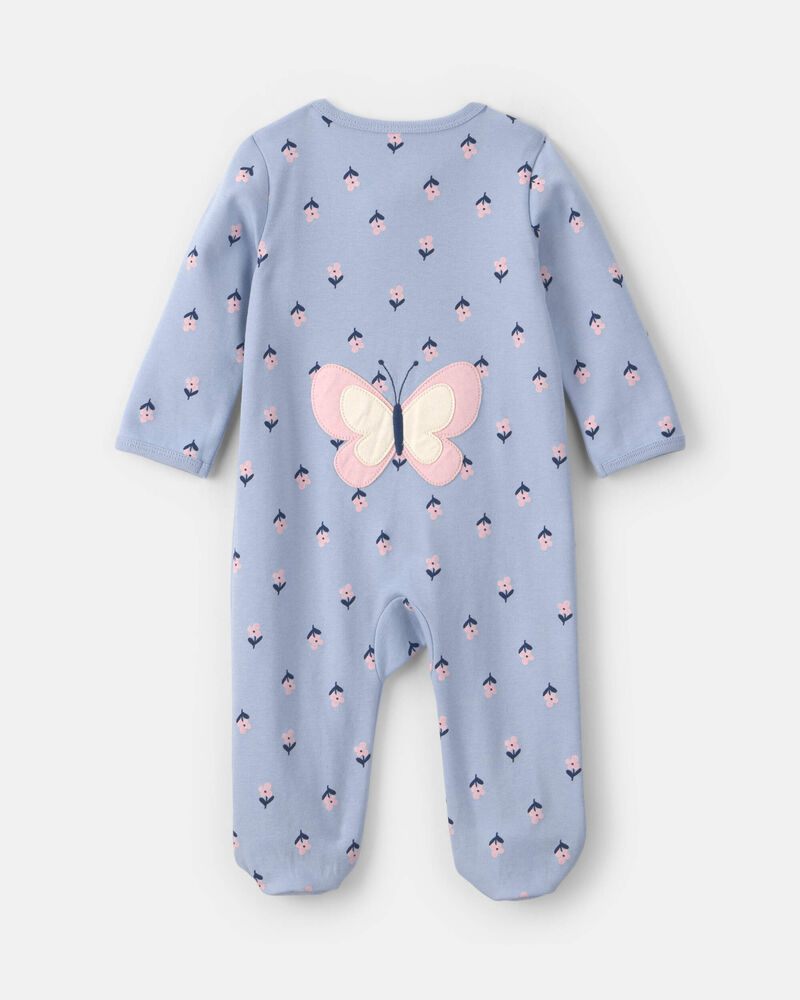 Baby Girl 2-Way Zip Flower & Butterfly Cotton Sleepers - Blue, image 2 of 6 slides