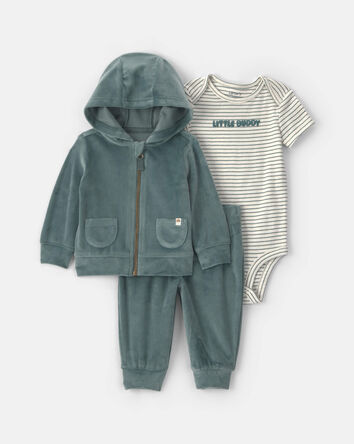 B&eacute;b&eacute; gar&ccedil;on - Ensemble 3 pi&egrave;ces en tissu velout&eacute; &agrave; superposer &agrave; capuchon et rayures &laquo;Little Buddy&raquo; &ndash; Vert/Blanc, 