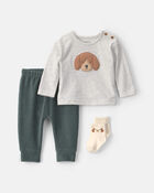 Baby Boy 3-Piece Dog Long-Sleeve Top & Pant Set - Green/Grey, image 1 of 5 slides