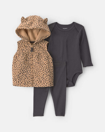 B&eacute;b&eacute; fille - Ensemble 3 pi&egrave;ces &agrave; superposer avec manches longues et molleton &agrave; motif l&eacute;opard &ndash; Brun/Noir, 