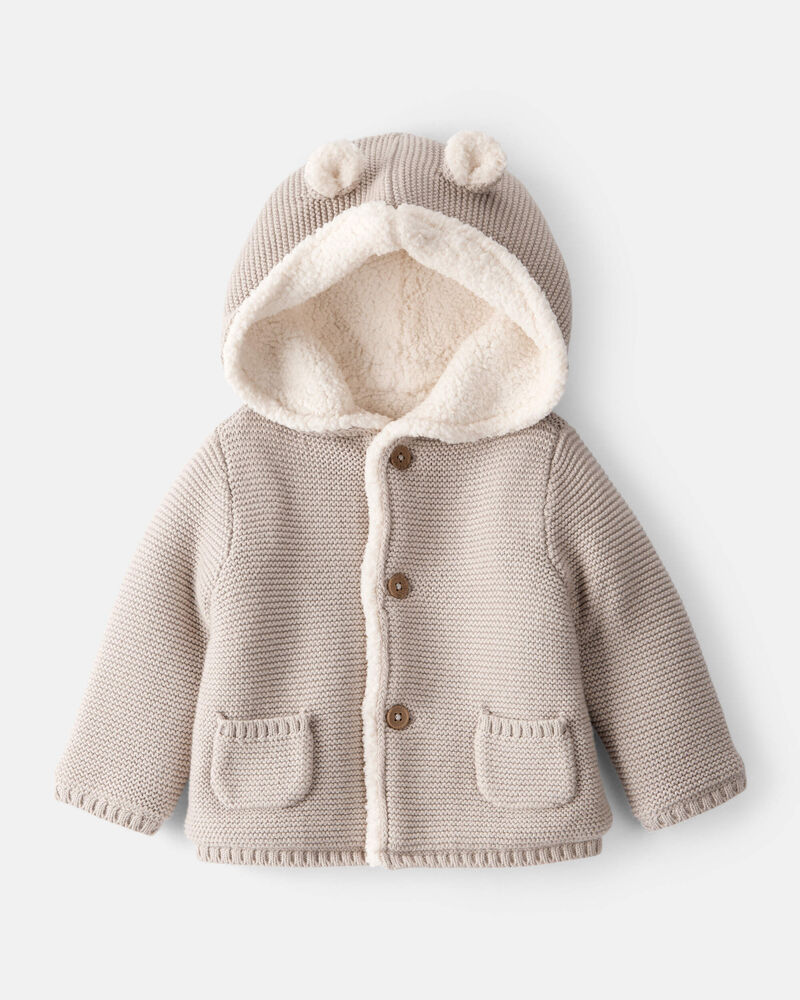 Baby Sherpa Lined Cotton Long-Sleeve Sweater - Brown, image 1 of 4 slides