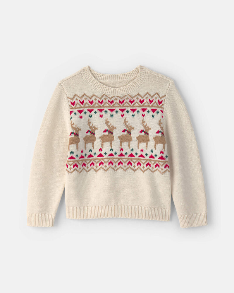 Toddler Girl Reindeer Fair Isle Sweater - Cream, image 1 of 3 slides