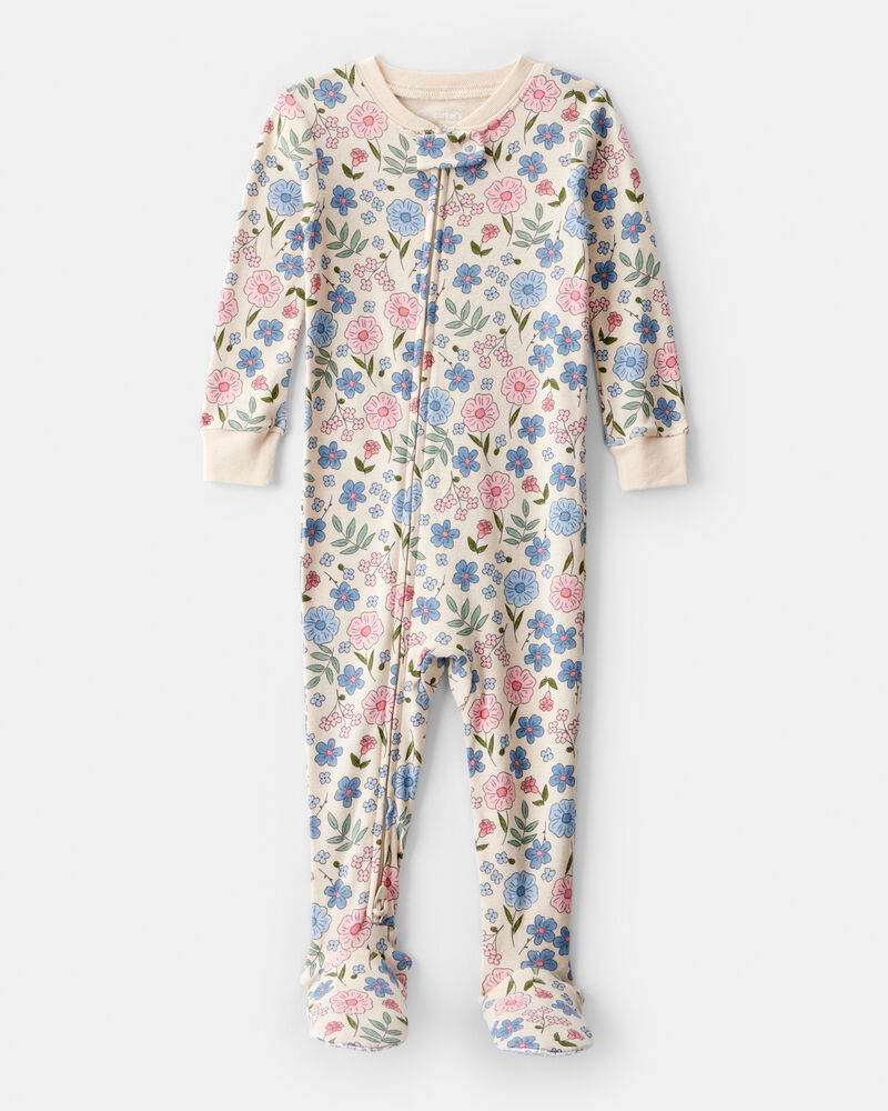 Baby Girl Floral 100% Cotton Snug Fit 2-Way Zip Footie 1-Piece Pyjamas - Ivory, image 1 of 4 slides