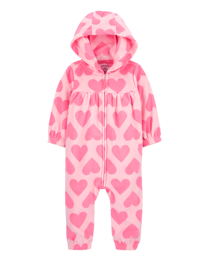 Baby Hearts Hooded Zip-Up Fleece Jumpsuit, image 1 of 3 slides