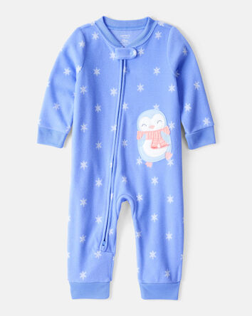 Baby Girl Penguin Fleece Long-Sleeve Loose Fit 1-Piece Pyjamas - Blue, 