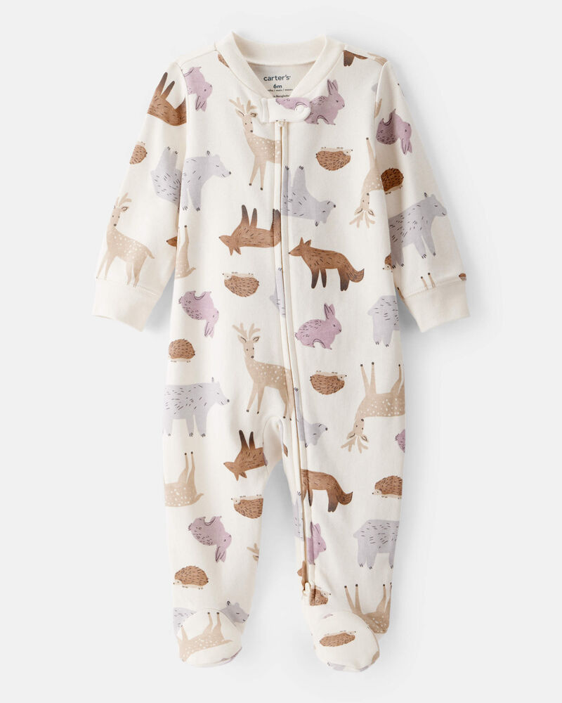 Baby Girl Fox Print 100% Cotton Long-Sleeve Sleeper - Ivory, image 1 of 4 slides