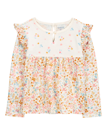 Toddler Flutter Sleeves Floral Long-Sleeve Fashion Top, 