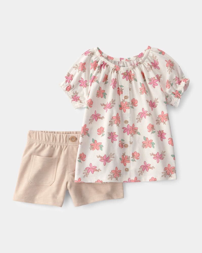 Toddler Girl 2-Piece Floral Top & Short Set - Cream/Tan, image 1 of 5 slides