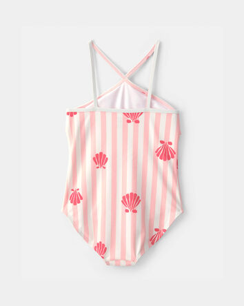 Girls 1-Piece Shell Striped Swimsuit - Pink, 