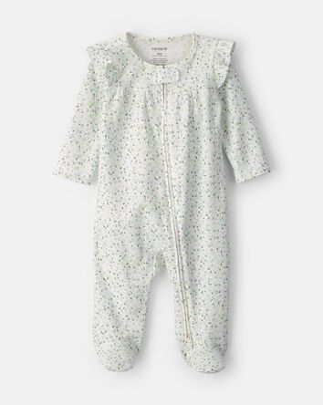 Baby Girl Floral 2-Way Zip 100% Cotton Sleeper - Green/Ivory, 